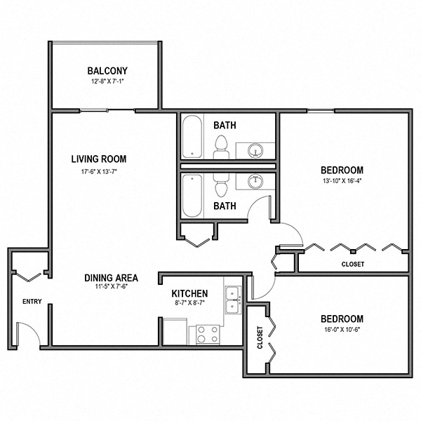 Floor plan for 2 beds, 2 baths, 1200 sqft